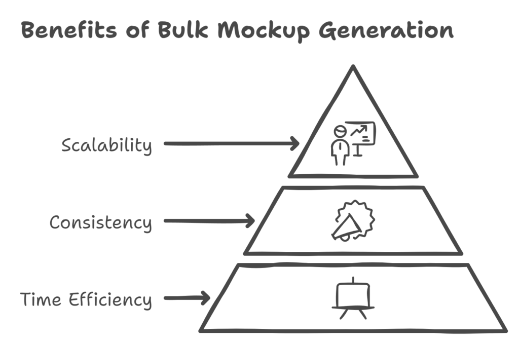 Illustration depicting the benefits of mockup generation, including enhanced visualization of designs, improved marketing presentation, faster client feedback, and streamlined design processes.