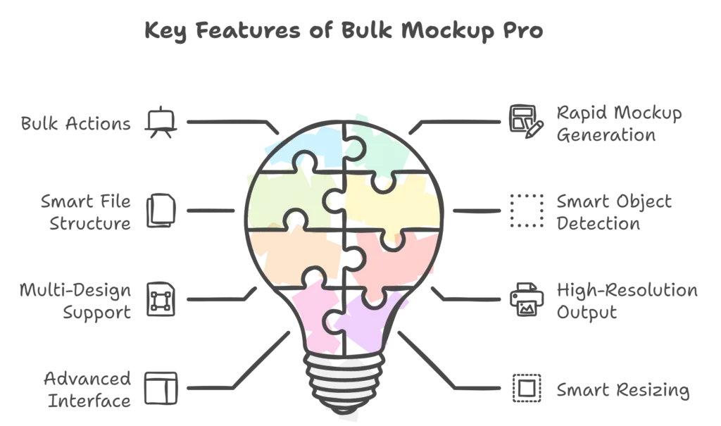 Visual representation of Bulk Mockups plugin features highlighting folder selection, image uploading, smart object options, and output customization for efficient mockup creation.