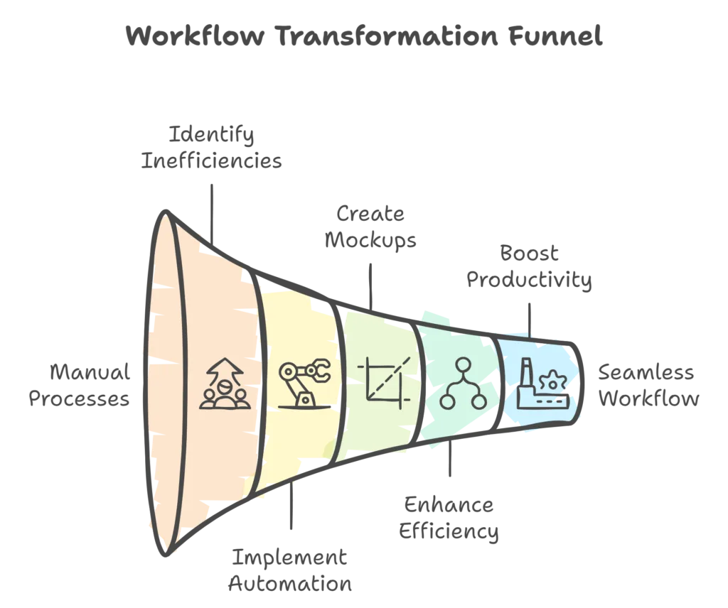 Workflow transformational funnel illustrating the mockup process, showcasing each step from initial concept design through to final presentation, with stages clearly marked for clarity and understanding.