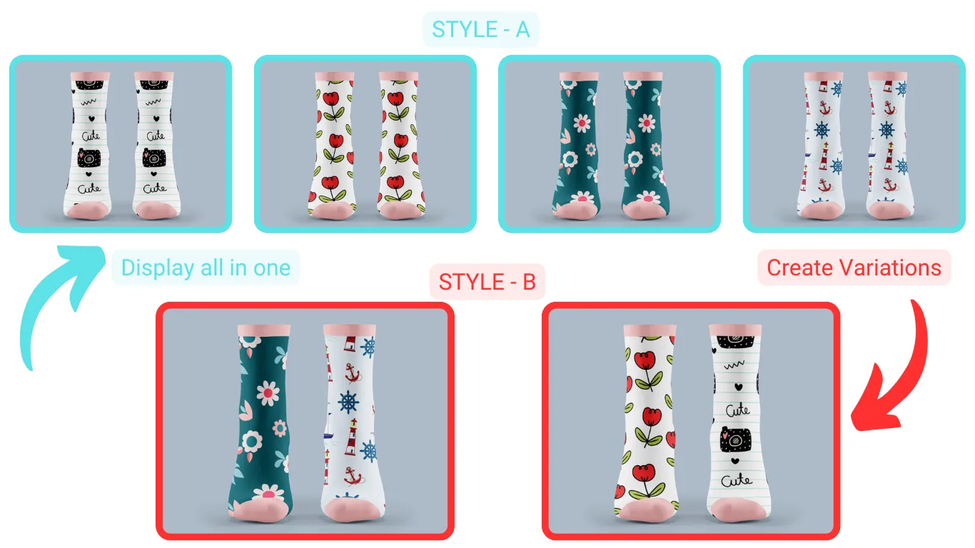 Mockup image showcasing various sock designs in the Bulk Mockups plugin, where users can apply their custom designs to individual smart objects or view multiple designs simultaneously in a user-friendly layout.